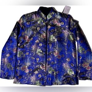 Reversible Blue Silk Brocade Velvet Quilted Jacket Floral Phoenix Frog Closure